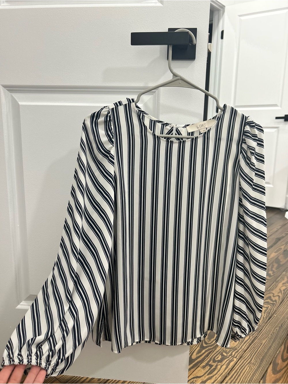 LOFT Black and White Vertical Stripe Puff Sleeve Blouse